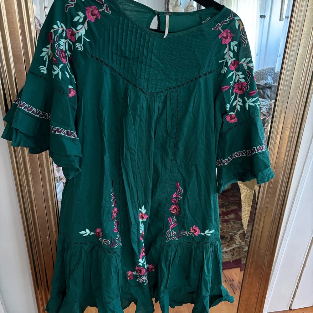 Free People Green Dress with Floral Embroidery